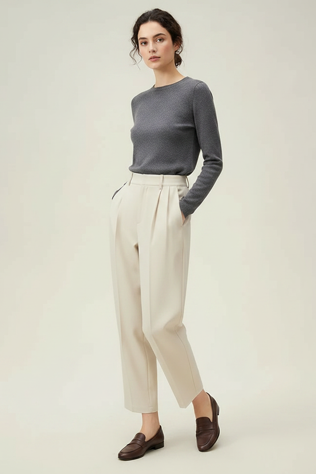 Pantalon Japonais Beige Plissé Ample Confortable - Gabardine
