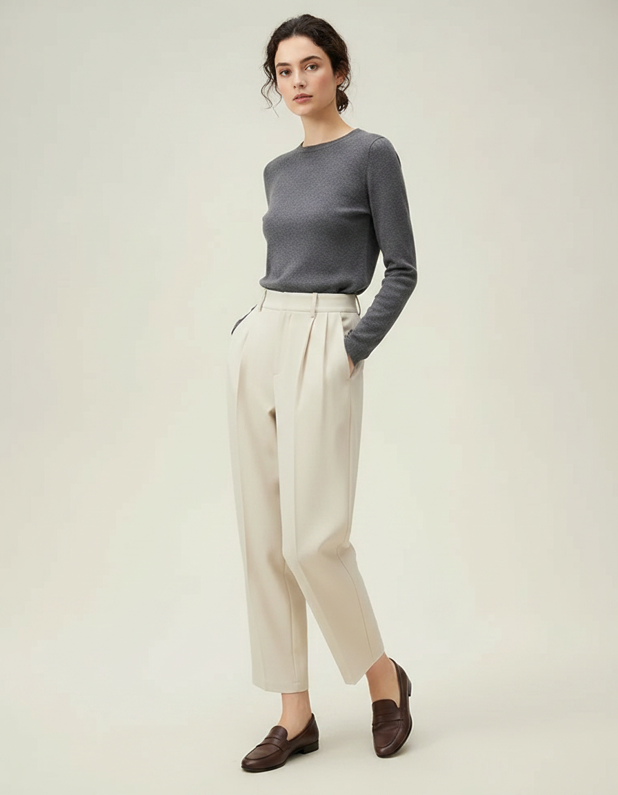 Pantalon Japonais Beige Plissé Ample Confortable - Gabardine
