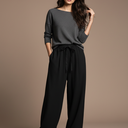 Pantalon Japonais Noir Fluide Ample Texturé Cordon - Viscose
