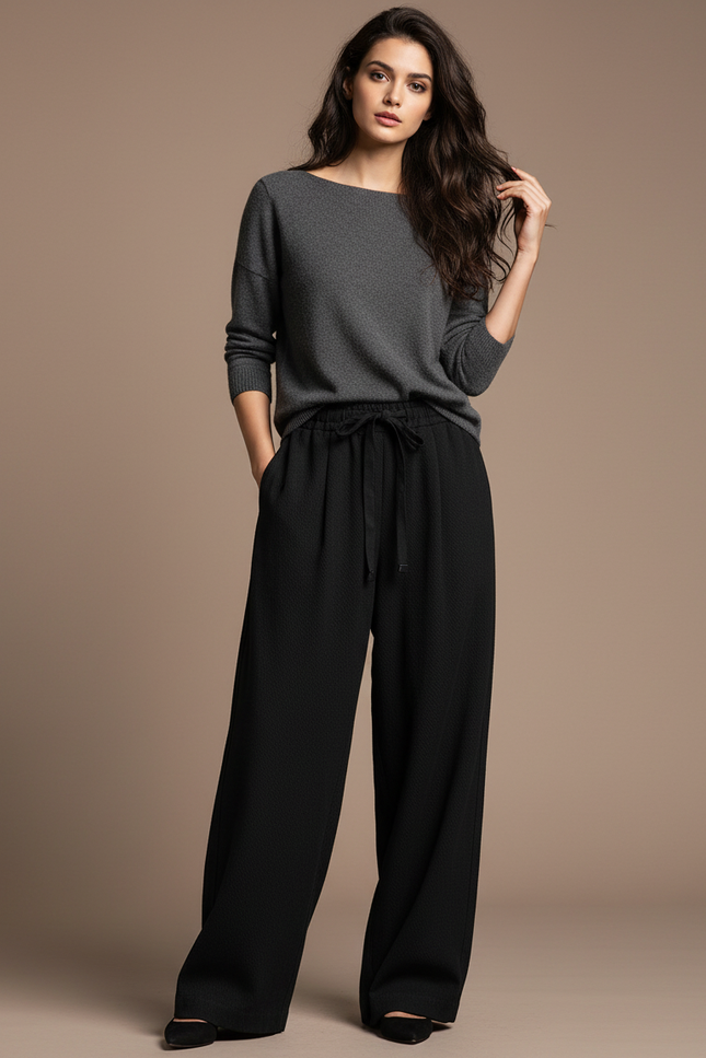Pantalon Japonais Noir Fluide Ample Texturé Cordon - Viscose