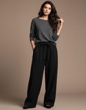 Pantalon Japonais Noir Fluide Ample Texturé Cordon - Viscose