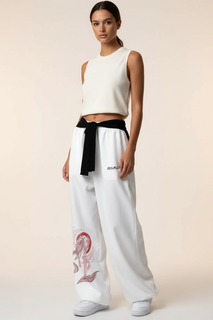 Pantalon Japonais Blanc Large Imprimé Koi Streetwear - Polyester