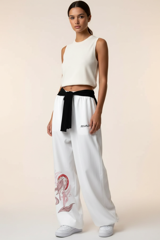 Pantalon Japonais Blanc Large Imprimé Koi Streetwear - Polyester