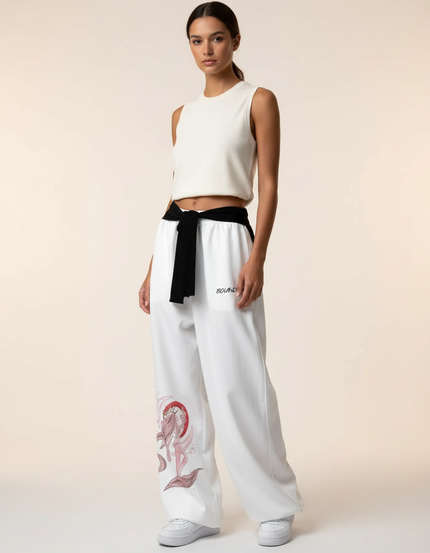 Pantalon Japonais Blanc Large Imprimé Koi Streetwear - Polyester