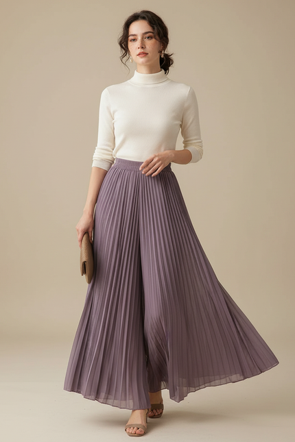 Pantalon Japonais Plissé Violet Ample Fluide Élégant - Polyester
