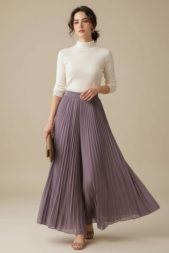 Pantalon Japonais Plissé Violet Ample Fluide Élégant - Polyester