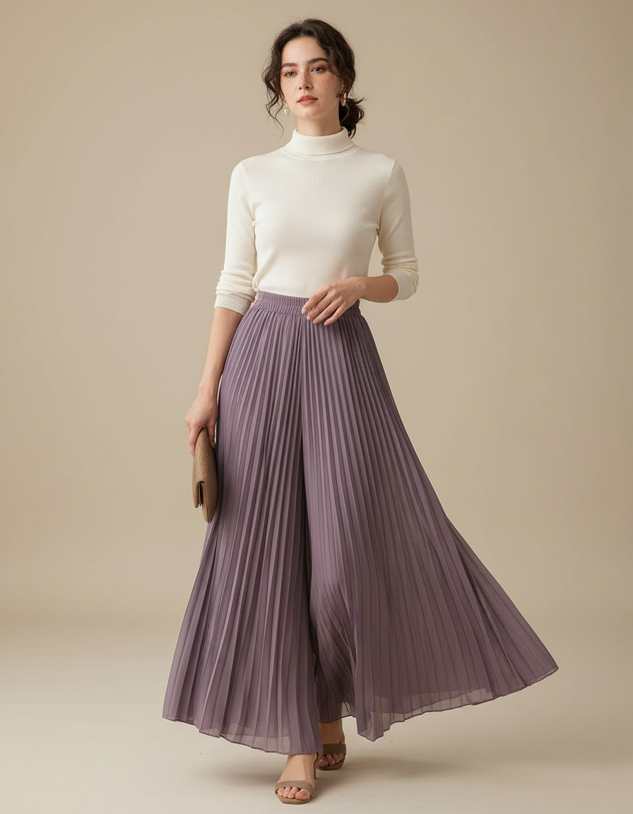 Pantalon Japonais Plissé Violet Ample Fluide Élégant - Polyester