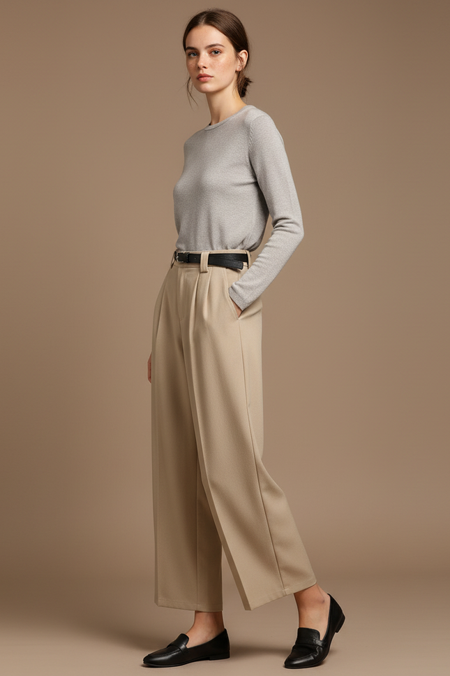 Pantalon Japonais Beige Ample Taille Haute Élégant - Gabardine