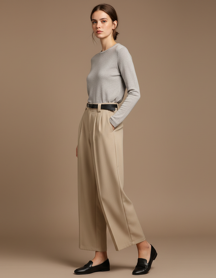 Pantalon Japonais Beige Ample Taille Haute Élégant - Gabardine