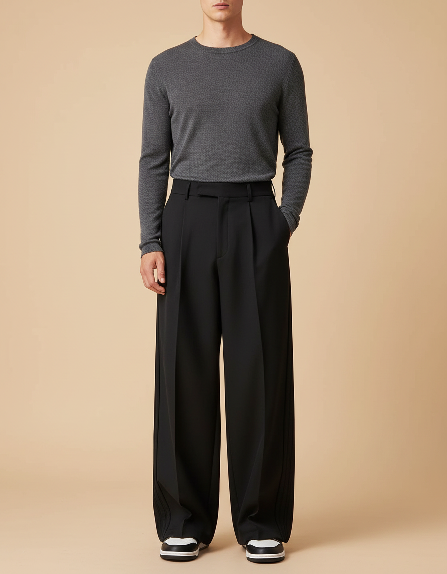 Pantalon Japonais Noir Ample Plissé Homme Élégant - Gabardine