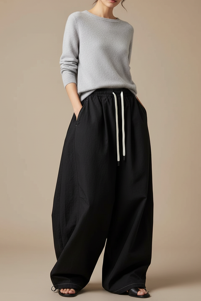 Pantalon Japonais Noir Ample Cordon Décontracté Fluide - Toile