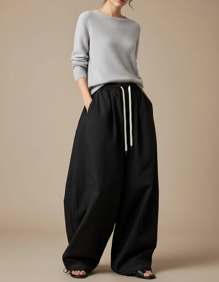Pantalon Japonais Noir Ample Cordon Décontracté Fluide - Toile