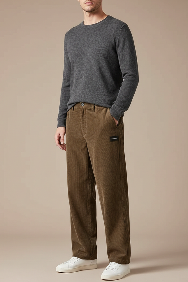 Pantalon Japonais Marron Côtelé Ample Décontracté Homme - Cordé