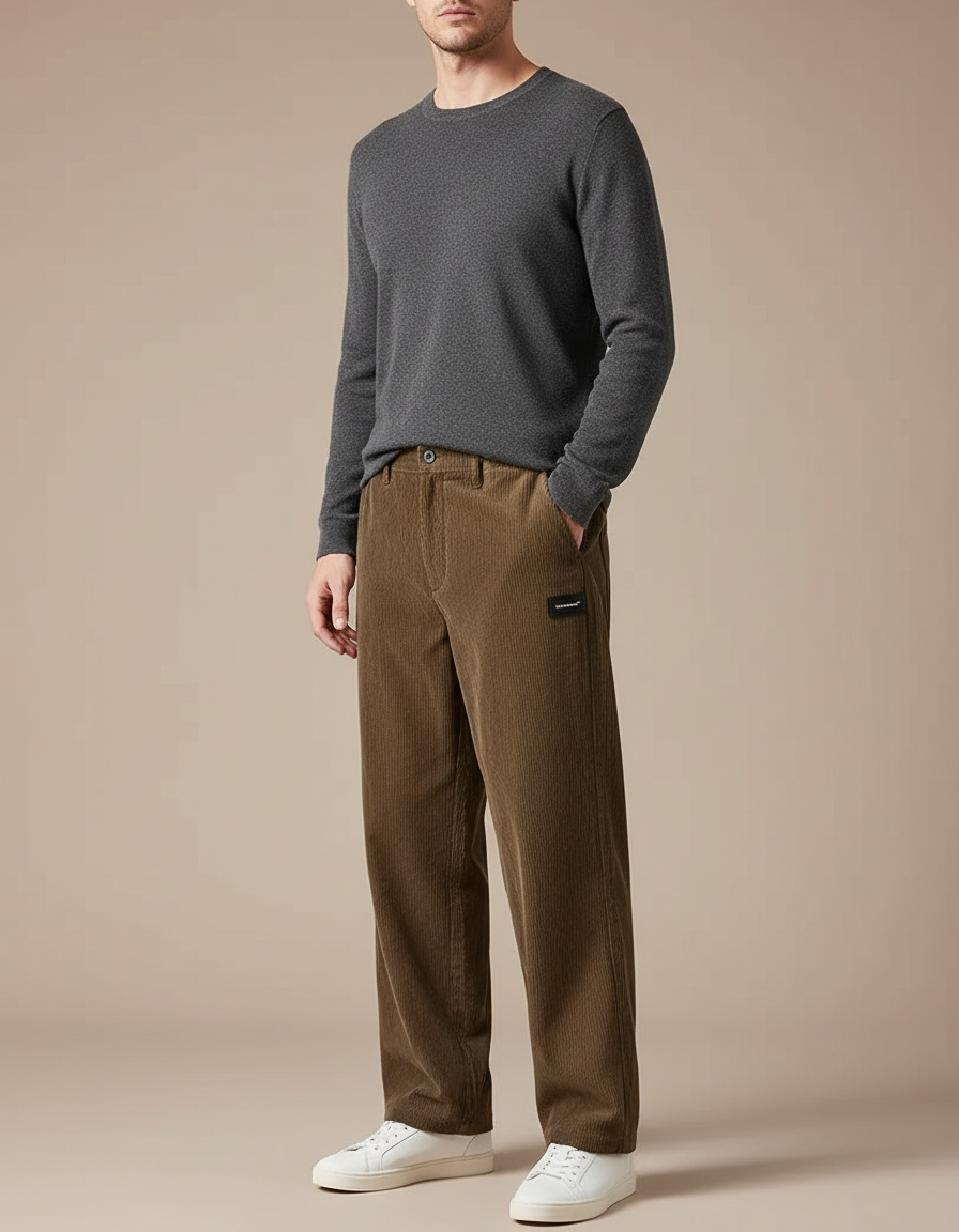 Pantalon Japonais Marron Côtelé Ample Décontracté Homme - Cordé