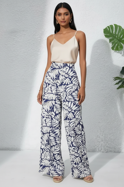Pantalon Japonais Fluide Ample Imprimé Feuille Bleu Femme - Viscose