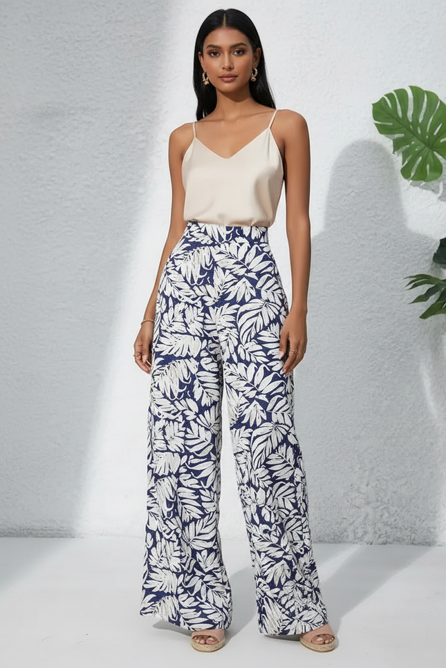 Pantalon Japonais Fluide Ample Imprimé Feuille Bleu Femme - Viscose