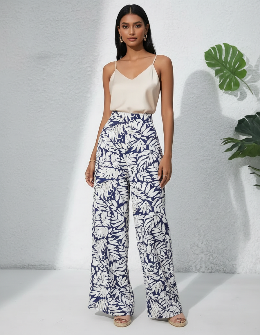 Pantalon Japonais Fluide Ample Imprimé Feuille Bleu Femme - Viscose