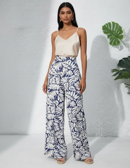 Pantalon Japonais Fluide Ample Imprimé Feuille Bleu Femme - Viscose