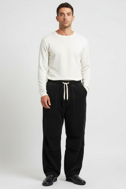 Pantalon Japonais Noir Côtelé Ample Décontracté Homme - Cordé