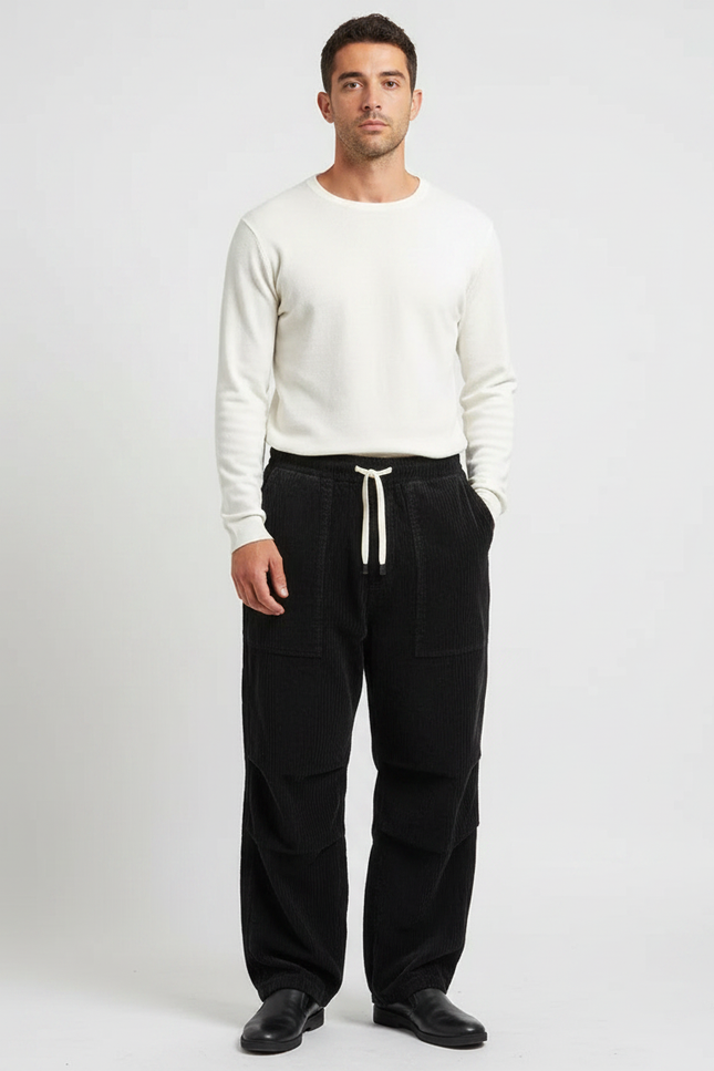 Pantalon Japonais Noir Côtelé Ample Décontracté Homme - Cordé