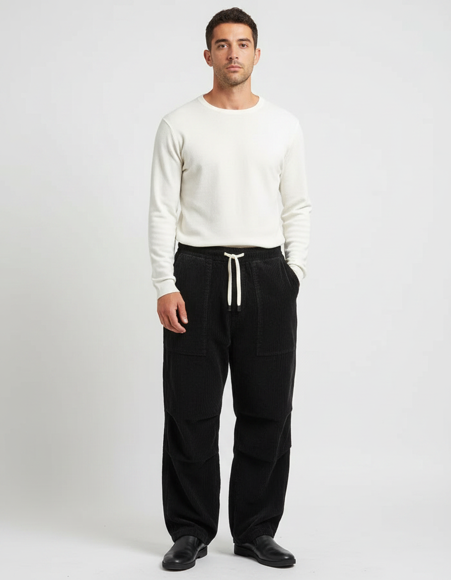 Pantalon Japonais Noir Côtelé Ample Décontracté Homme - Cordé