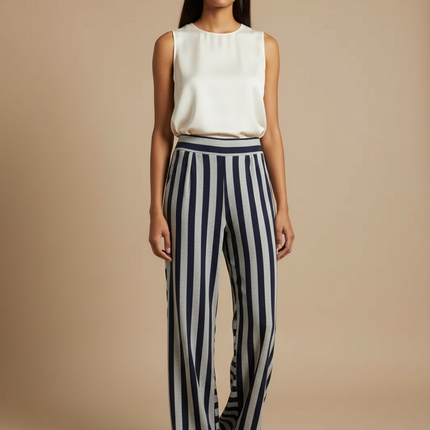 Pantalon Japonais Rayé Fluide Ample Décontracté Femme - Multicolore Maille