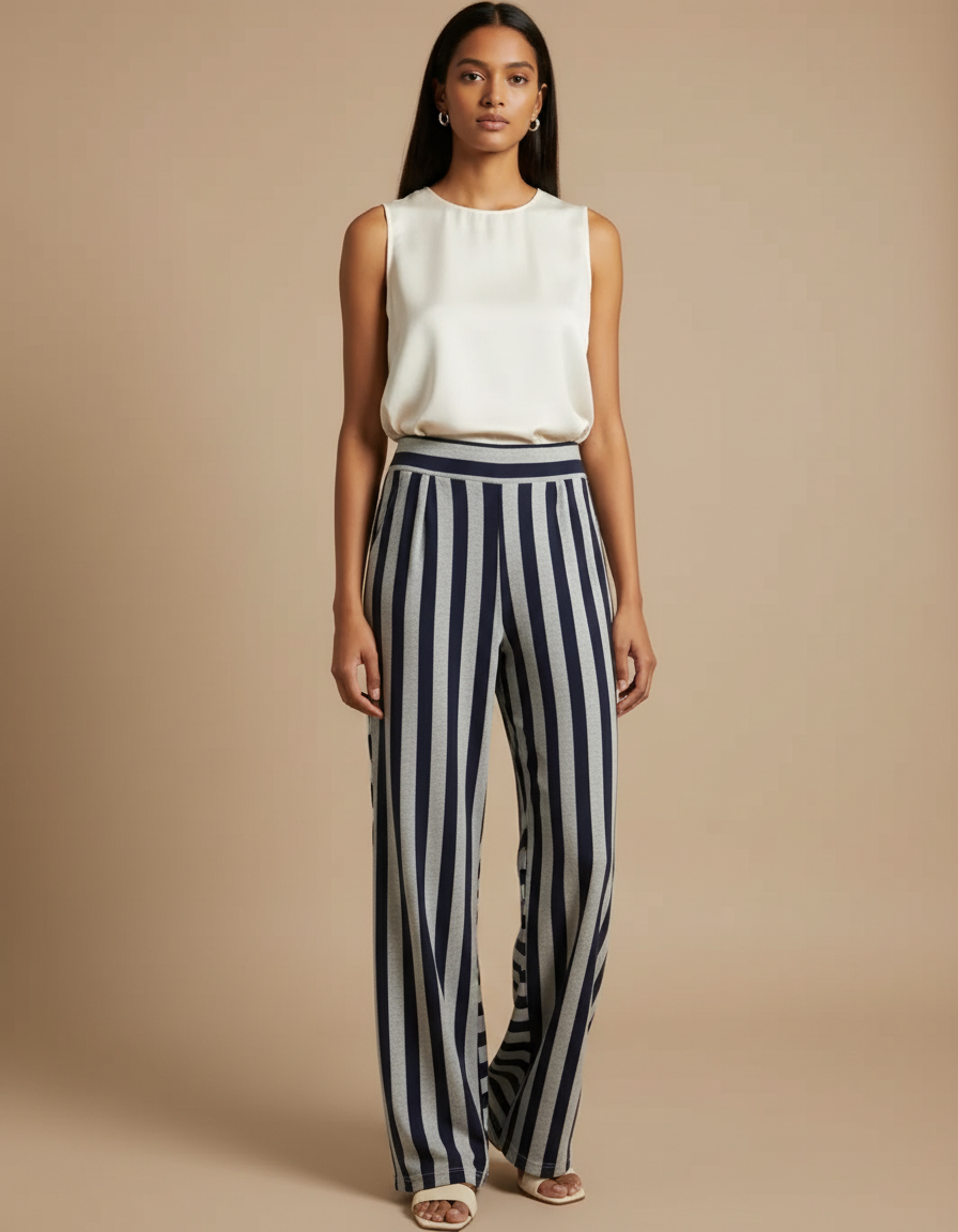 Pantalon Japonais Rayé Fluide Ample Décontracté Femme - Multicolore Maille