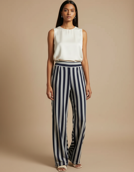 Pantalon Japonais Rayé Fluide Ample Décontracté Femme - Multicolore Maille