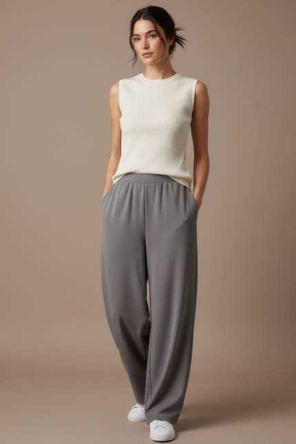 Pantalon Japonais Gris Fluide Ample Décontracté Femme - Polyester