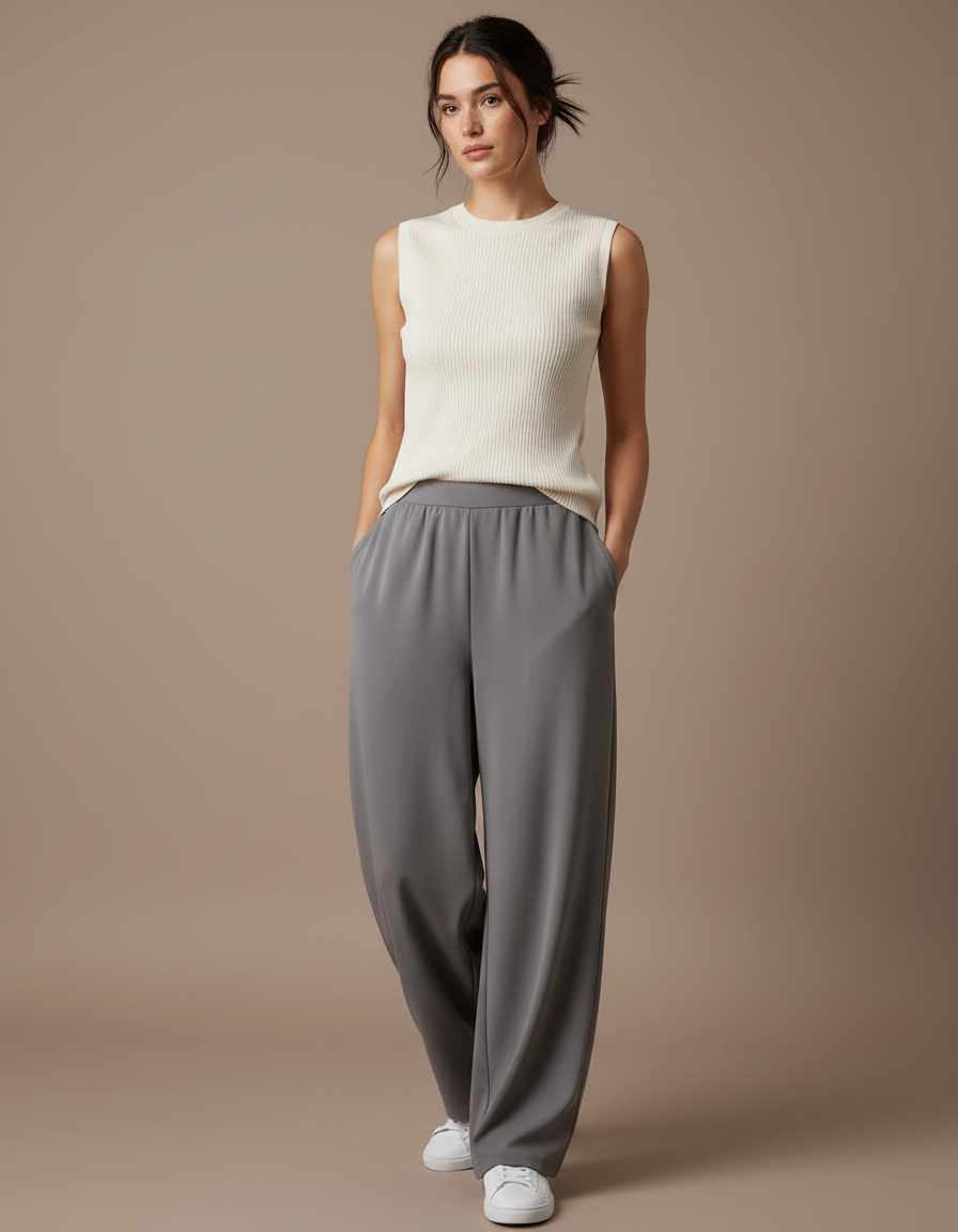 Pantalon Japonais Gris Fluide Ample Décontracté Femme - Polyester