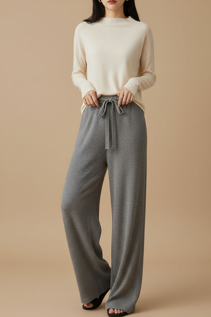 Pantalon Japonais Gris Côtelé Ample Décontracté Fluide - Maille