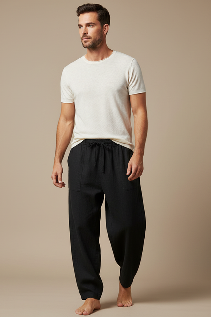 Pantalon Japonais Noir Fluide Ample Cordon Décontracté Homme - Lin
