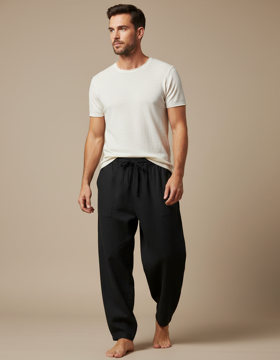 Pantalon Japonais Noir Fluide Ample Cordon Décontracté Homme - Lin