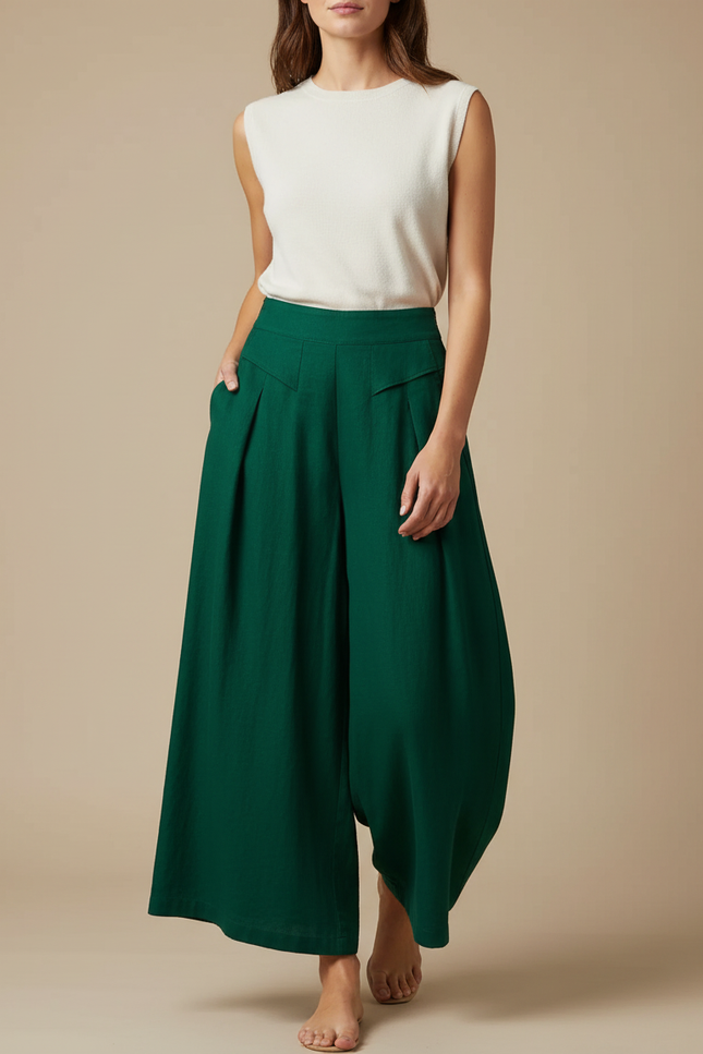 Pantalon Japonais Vert Émeraude Ample Fluide Lin Femme
