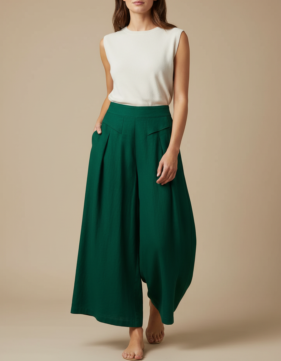 Pantalon Japonais Vert Émeraude Ample Fluide Lin Femme
