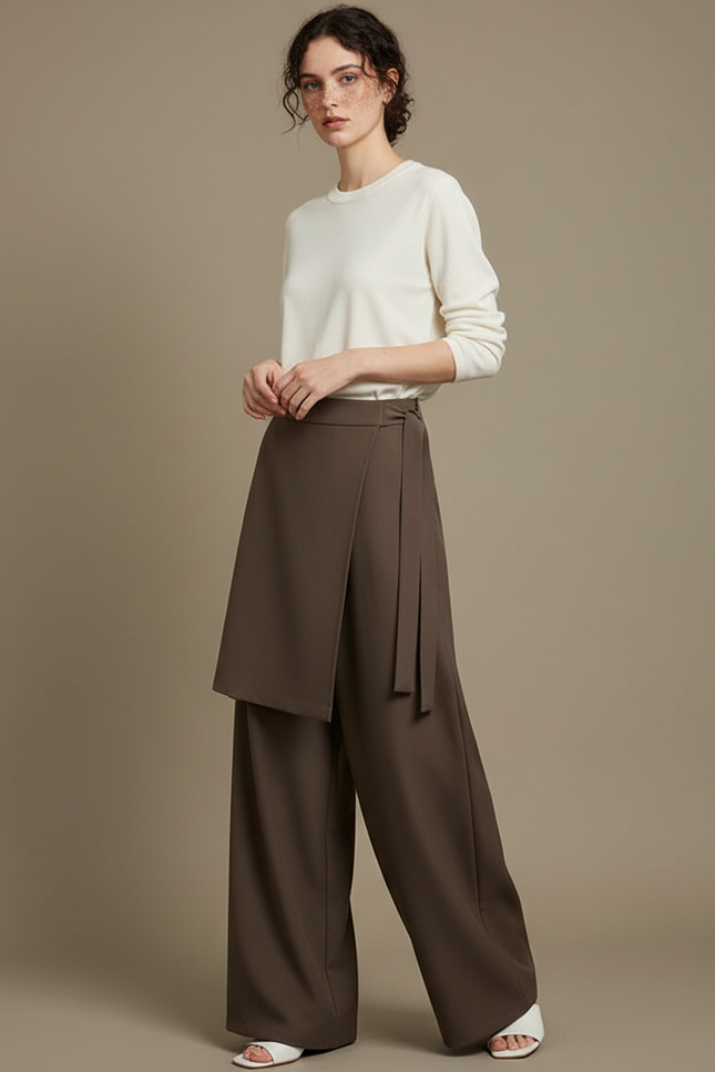 Pantalon Japonais Asymétrique Marron Fluide Élégant Large - Polyester
