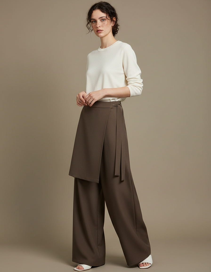 Pantalon Japonais Asymétrique Marron Fluide Élégant Large - Polyester