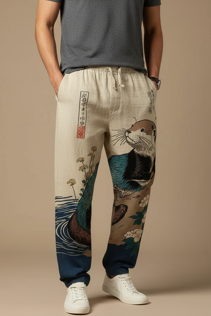 Pantalon Japonais Lin Ample Imprimé Loutre Homme - Beige