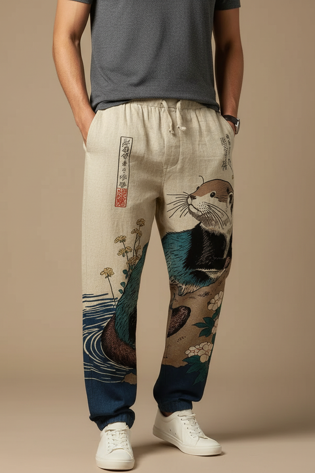 Pantalon Japonais Lin Ample Imprimé Loutre Homme - Beige
