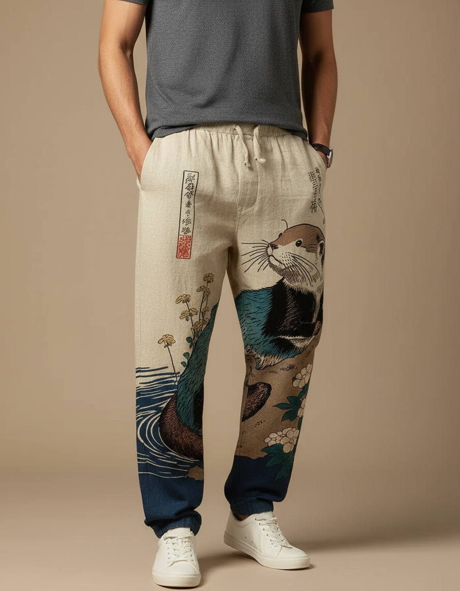 Pantalon Japonais Lin Ample Imprimé Loutre Homme - Beige