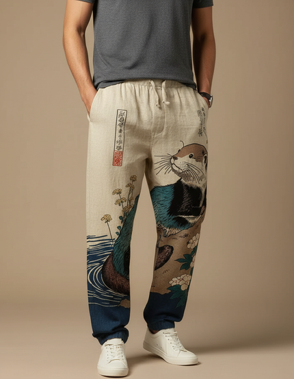 Pantalon Japonais Lin Ample Imprimé Loutre Homme - Beige