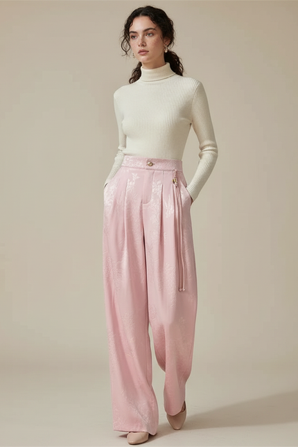 Pantalon Japonais Rose Jacquard Satin Ample Élégant