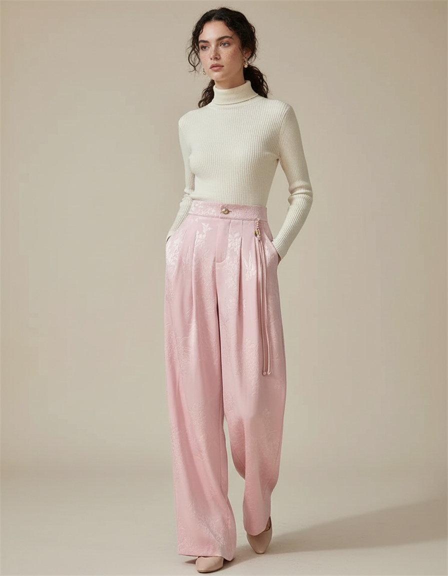 Pantalon Japonais Rose Jacquard Satin Ample Élégant
