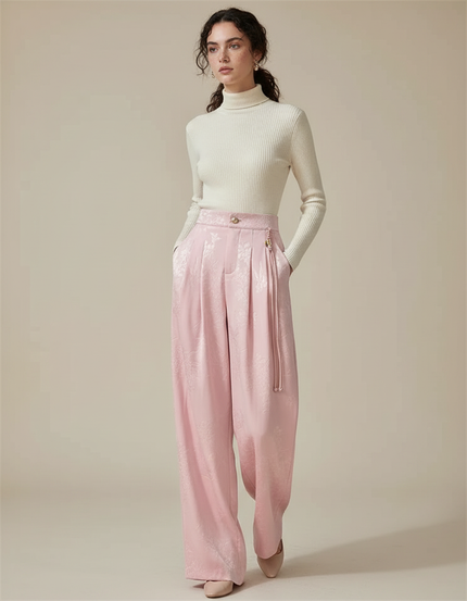 Pantalon Japonais Rose Jacquard Satin Ample Élégant