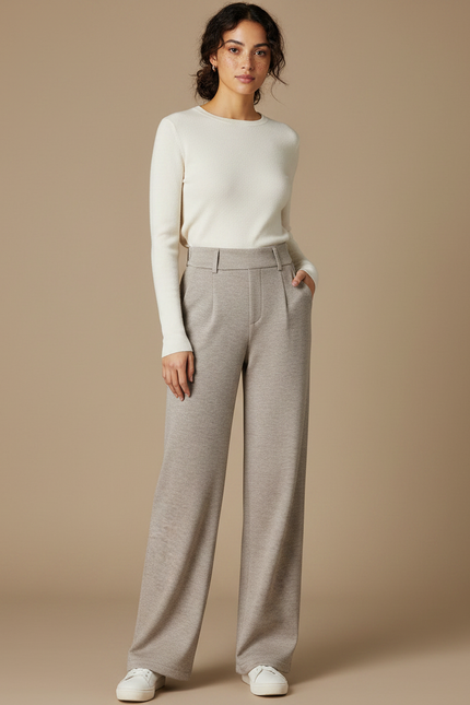 Pantalon Japonais Beige Droit Taille Haute Épais Décontracté - Maille