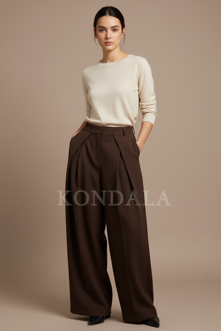 Pantalon Japonais Marron Plissé Ample Décontracté Femme - Laine