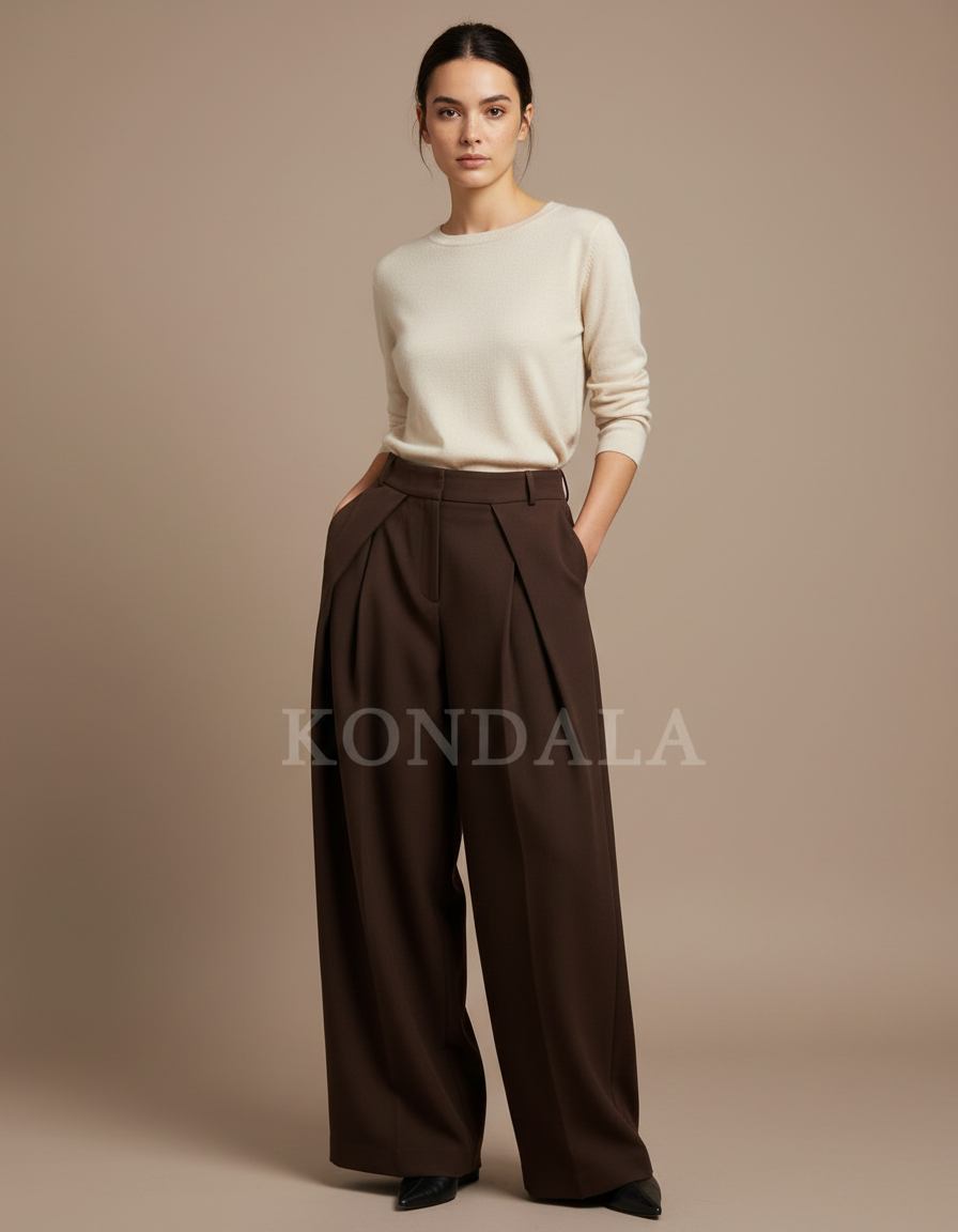 Pantalon Japonais Marron Plissé Ample Décontracté Femme - Laine