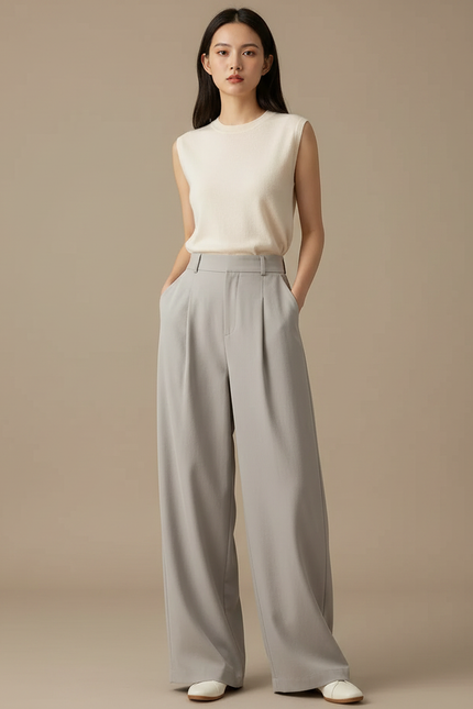 Pantalon Japonais Gris Ample Droit Décontracté Fluide Femme - Polyester