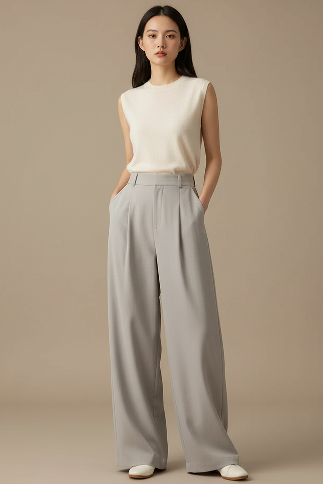 Pantalon Japonais Gris Ample Droit Décontracté Fluide Femme - Polyester