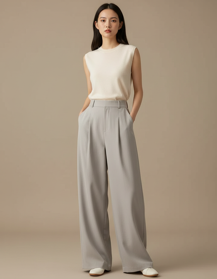Pantalon Japonais Gris Ample Droit Décontracté Fluide Femme - Polyester